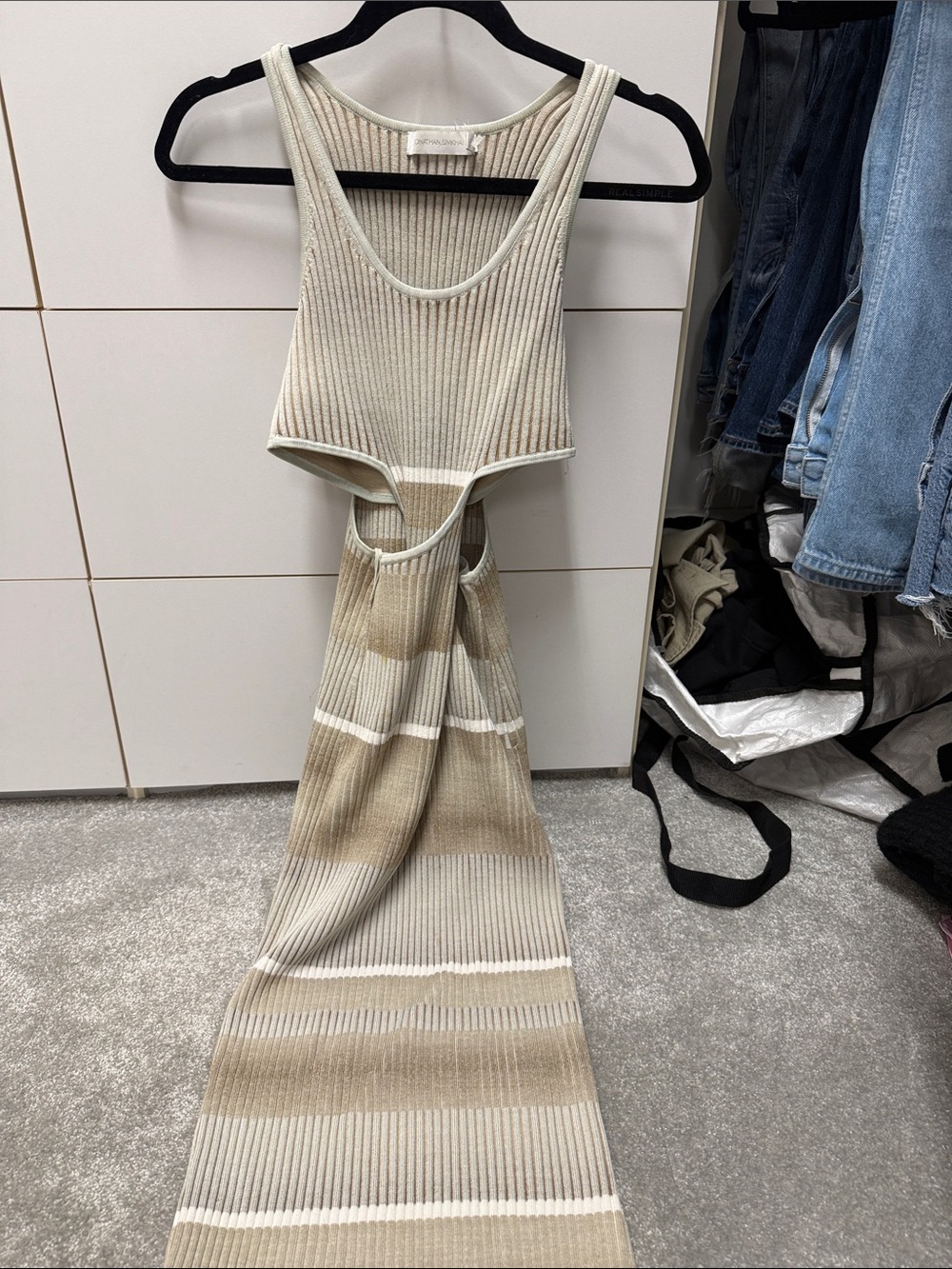 Jonathan Simkhai Ribbed Midi Dress in Beige and White